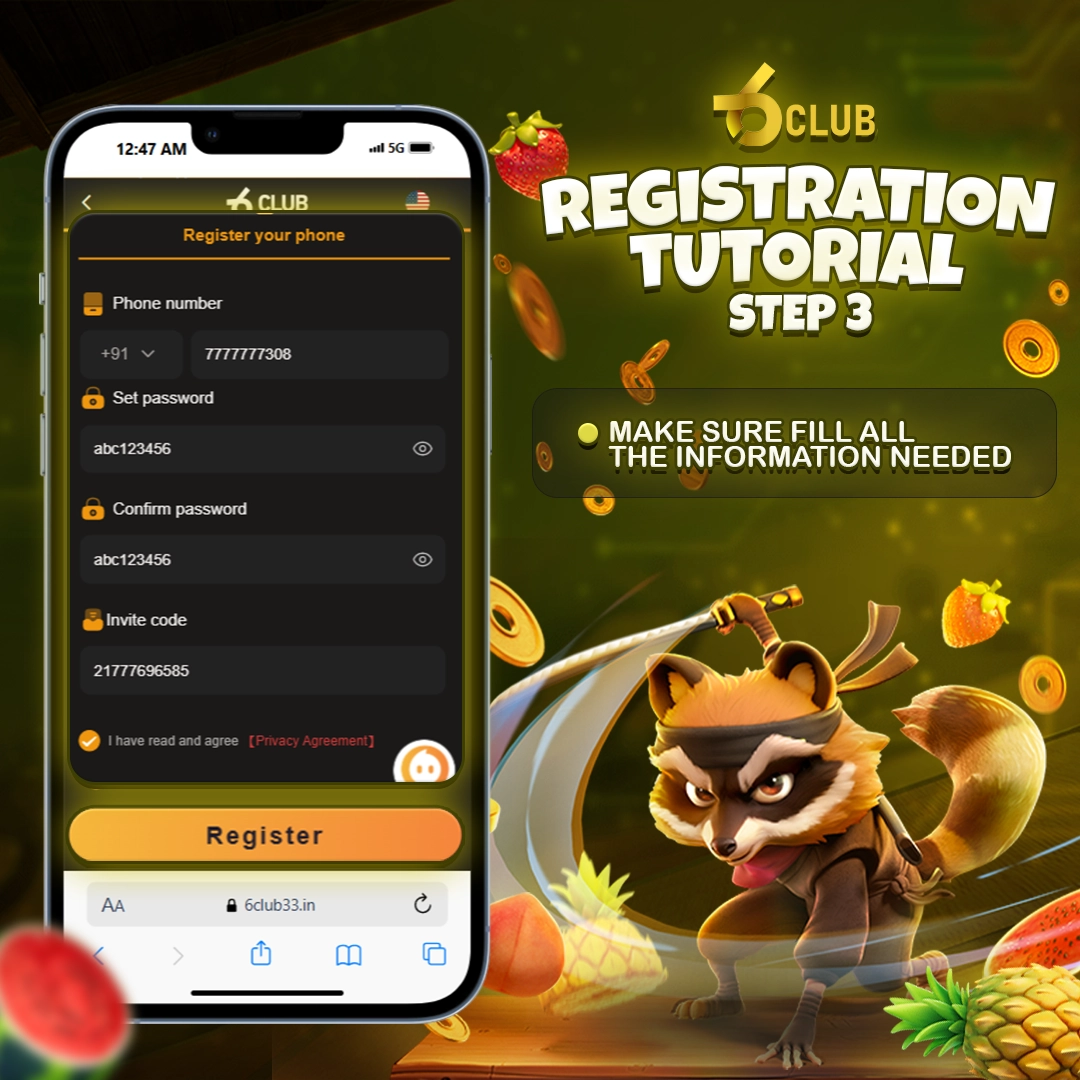 6 Club Register – New Account Sign Up Screen